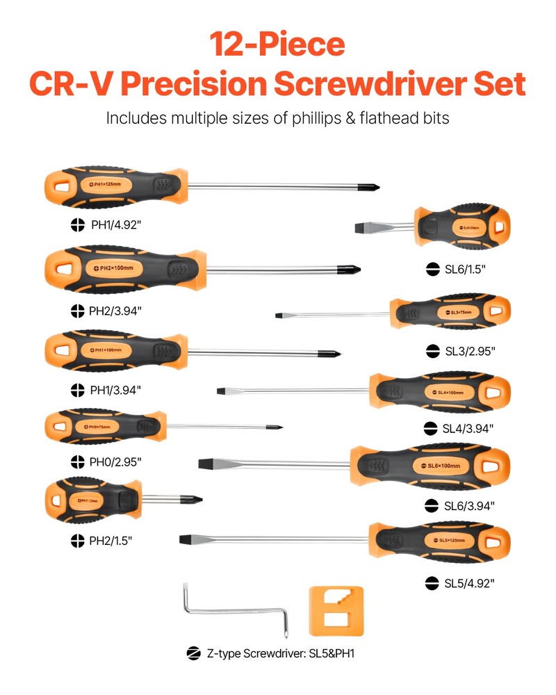 VEVOR 12Pc Magnetic Screwdriver Set 5 Phillips 5 Flat Head Tips Magnetizer Tool