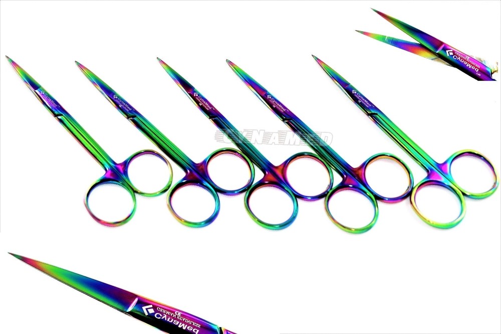 5 GERMAN  IRIS MICRO DISSECTING SCISSORS STRAIGHT 4.5" MULTI RAINBOW TITANIUM