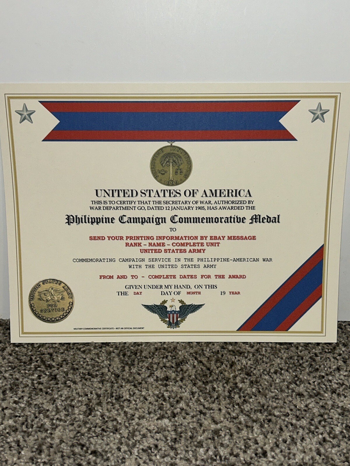 PHILIPPINE CAMPAIGN (ARMY) COMMEMORATIVE MEDAL CERTIFICATE ~ W/PRINTING TYPE-1