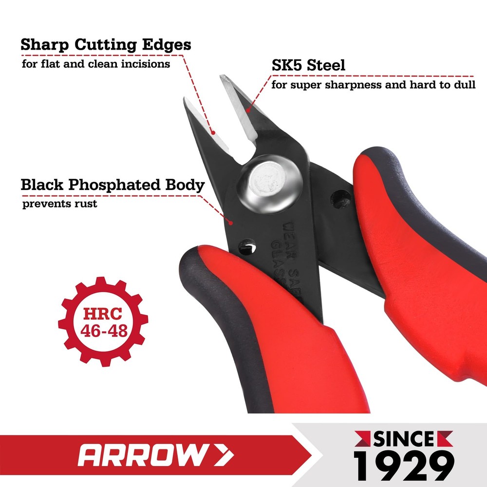 ARROW Micro Wire Cutters, 5" Precision Flush Cutters with Streamlined Red