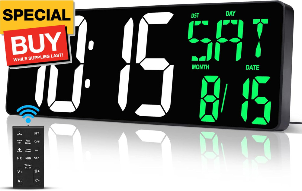 17 Inch Large Digital Wall Clock with Remote Control, Automatic Brightness Dimme