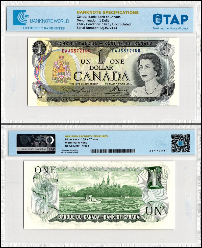 Canada 1 Dollar, 1973, P-85b, UNC, Authenticated Banknote