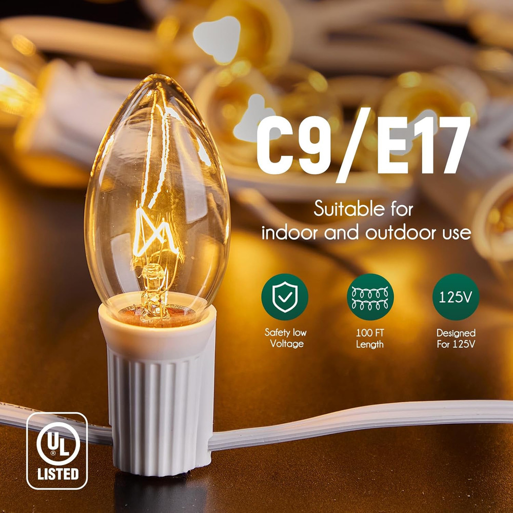 C9 Light Strand 100 FT for E17-12 Spacing, Outdoor String Light Christmas String