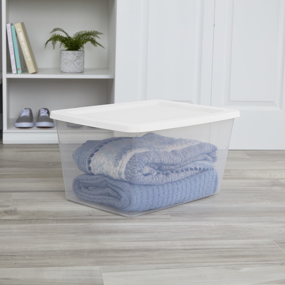 58 Quart Medium Storage Bin Clear Plastic Storage Container W/ Snap-On Lid White