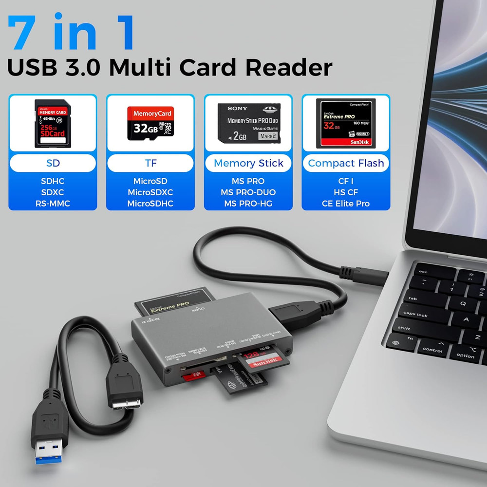 7-In-1 Multi Memory Card Reader, USB 3.0 SD Card Reader Writer(5Gbps) Read 7 Car