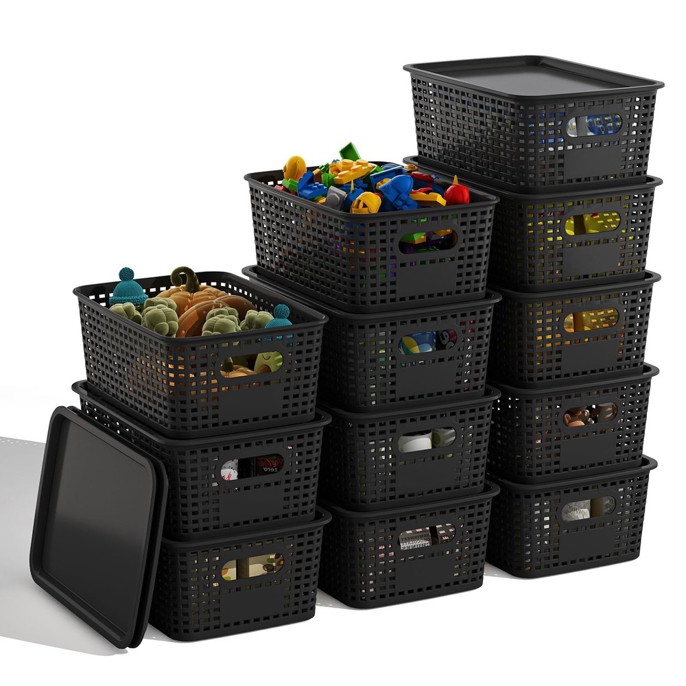 Black Plastic Storage Baskets with Lids 12 Pack Stackable Storage Bins Contai...