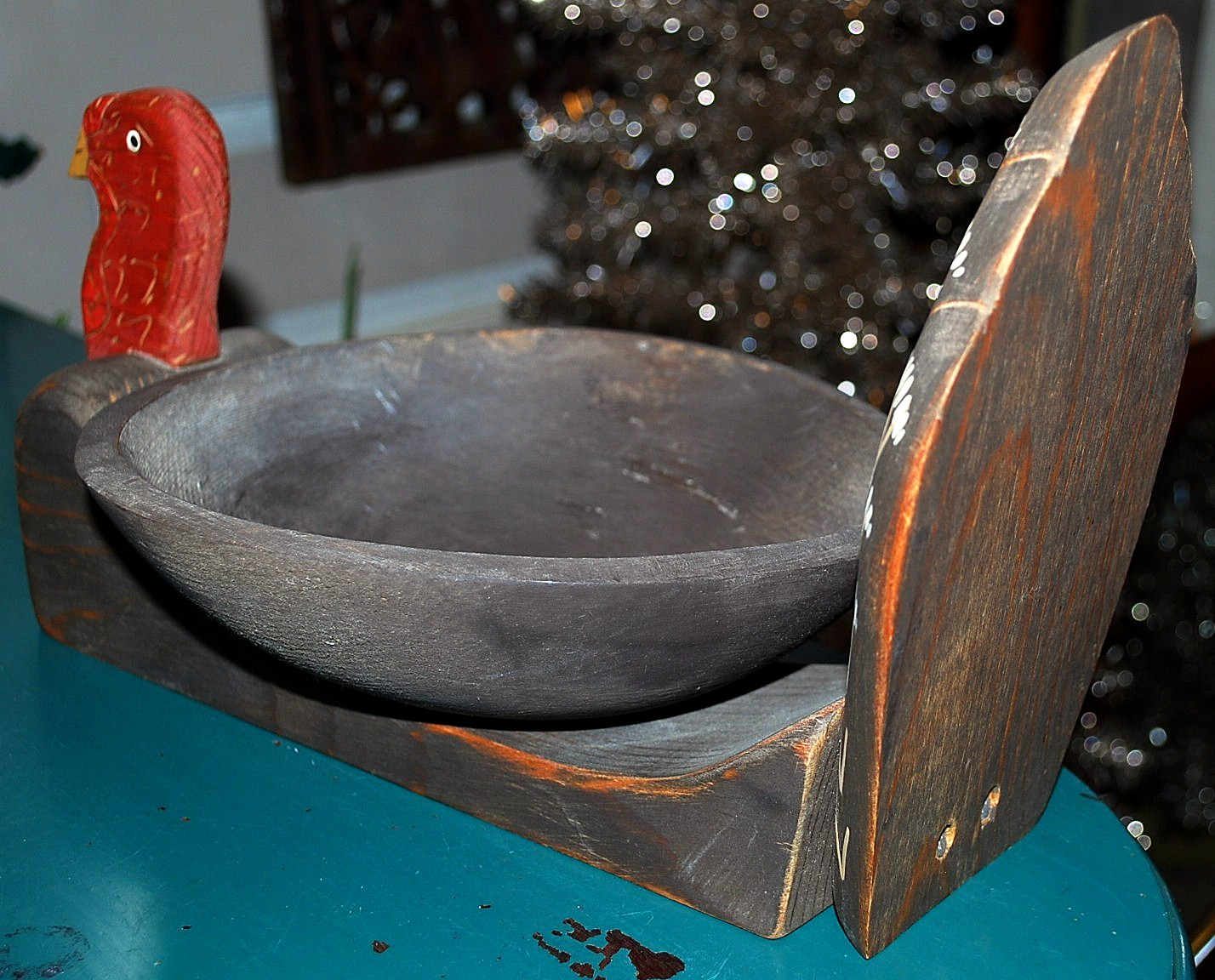 Vtg Hand Carved WOODEN TURKEY BOWL Painted FOLK ART Thanksgiving Centerpiece 14"