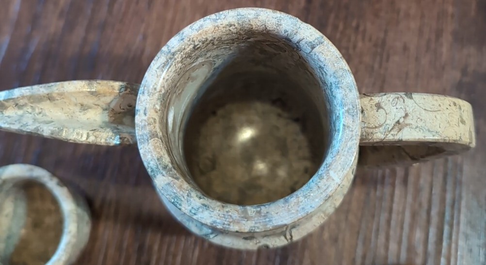 Vtg Marble Stone Tea Set: Pot + Six Cups Gray Brown Marble Patchwork