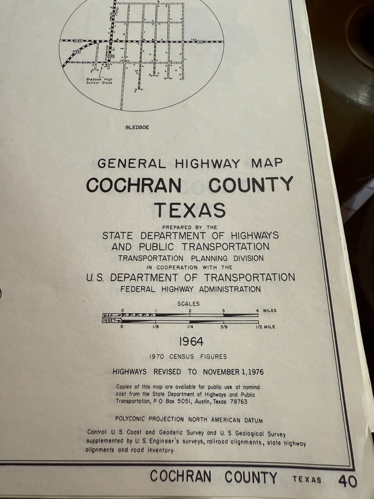 1964 Texas COCHRAN County General Highway Map 18" x 25" Folded USDOT Bledsoe