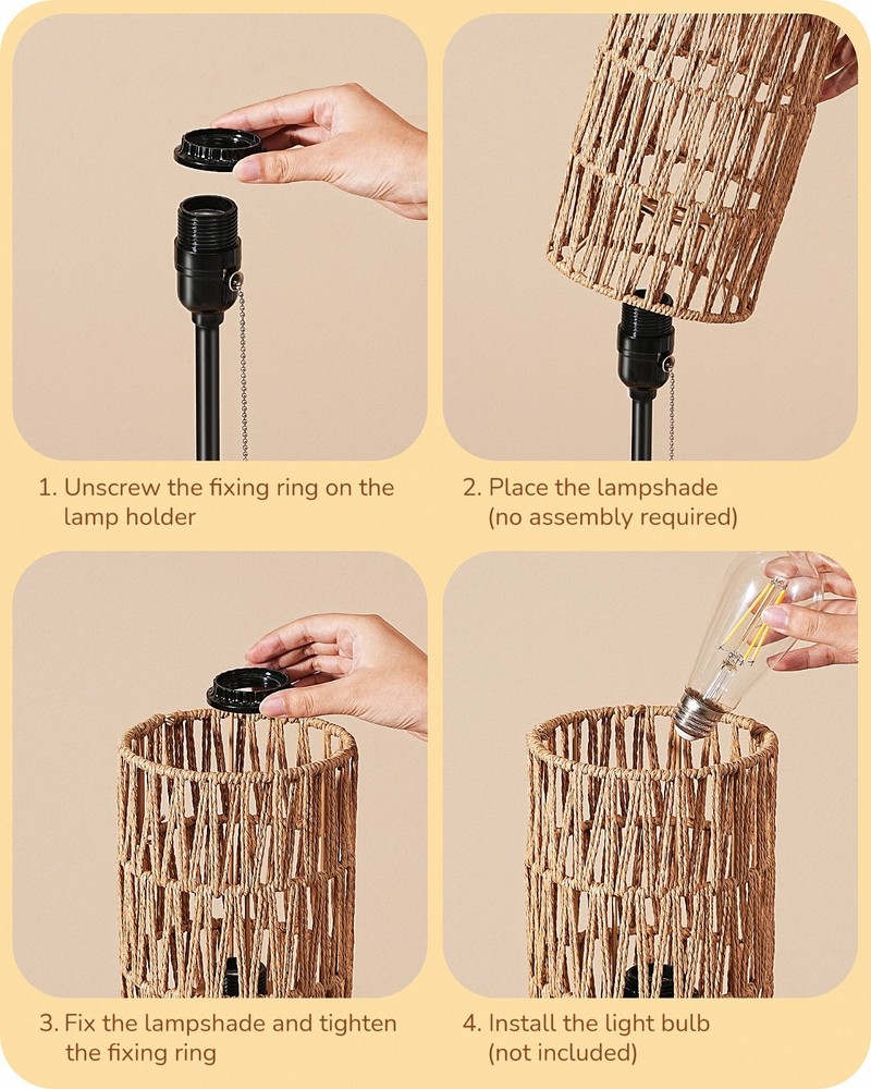 EDISHINE Rattan Table Lamp, Boho Nightstand Lamp with Pull Chain, E26 Socket