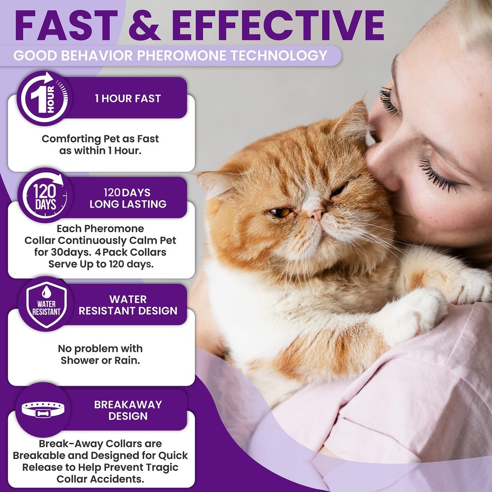 Calming Collar for Cats Pheromone Behavior Support Waterproof Adjustable 4-Pack