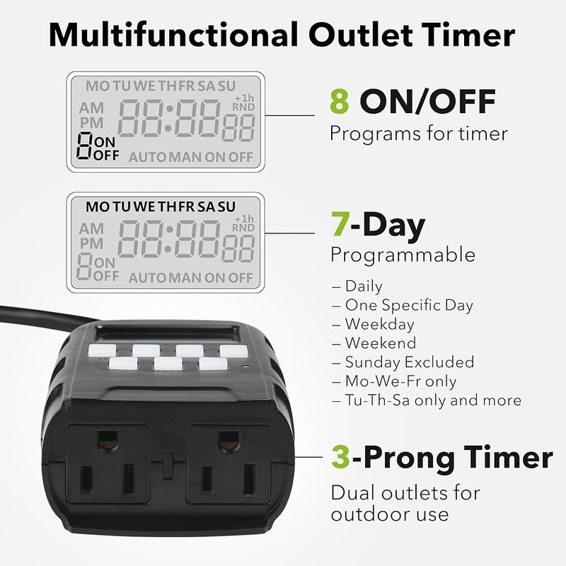 Digital Outdoor Timer Dual Outlets 8 Programmable Settings Waterproof Device New