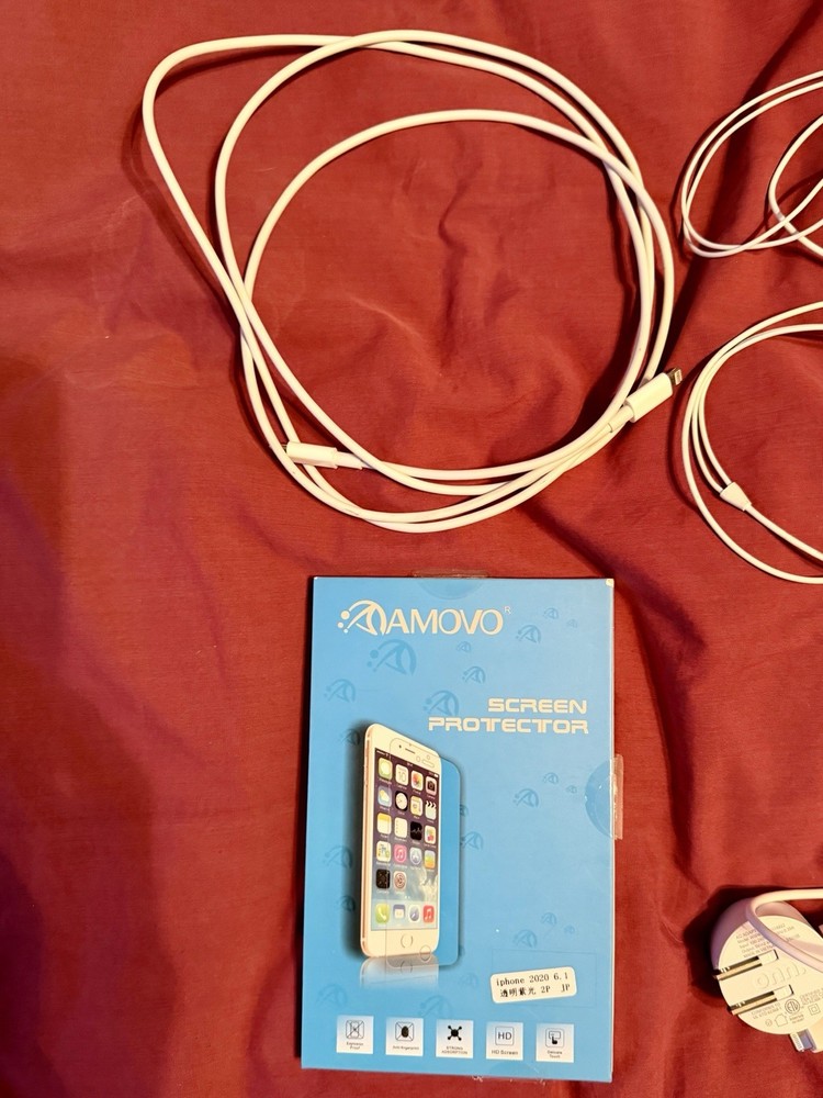 iphone lot: charger, 2 cords, 2 earbuds, case, and screen protector