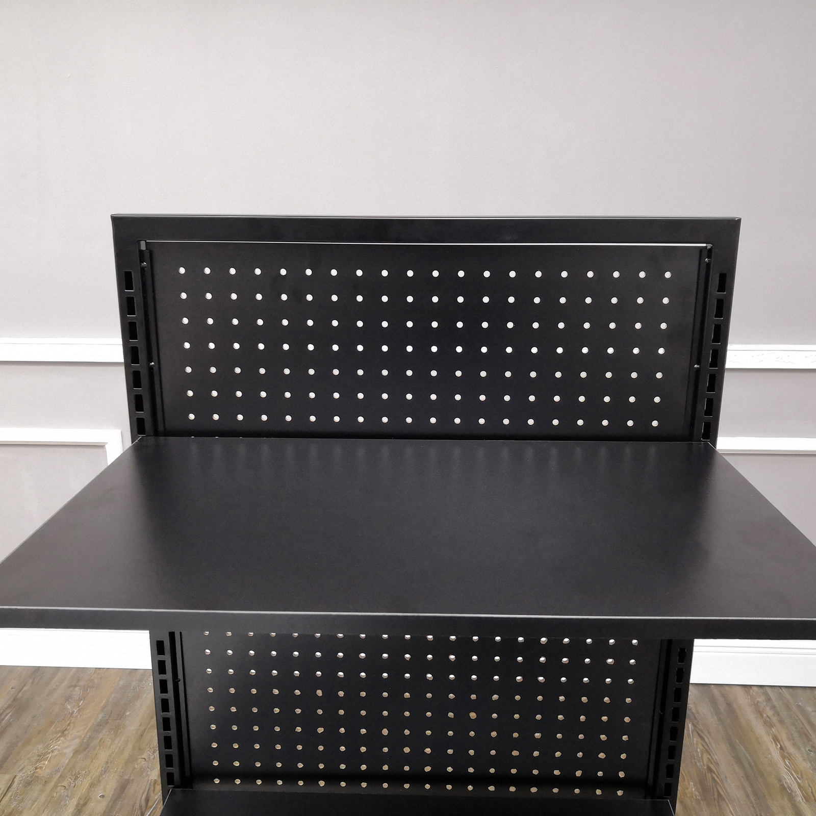 24.0" Wide Gondola Rack Stand with Two Shelves Black Pegboard Display