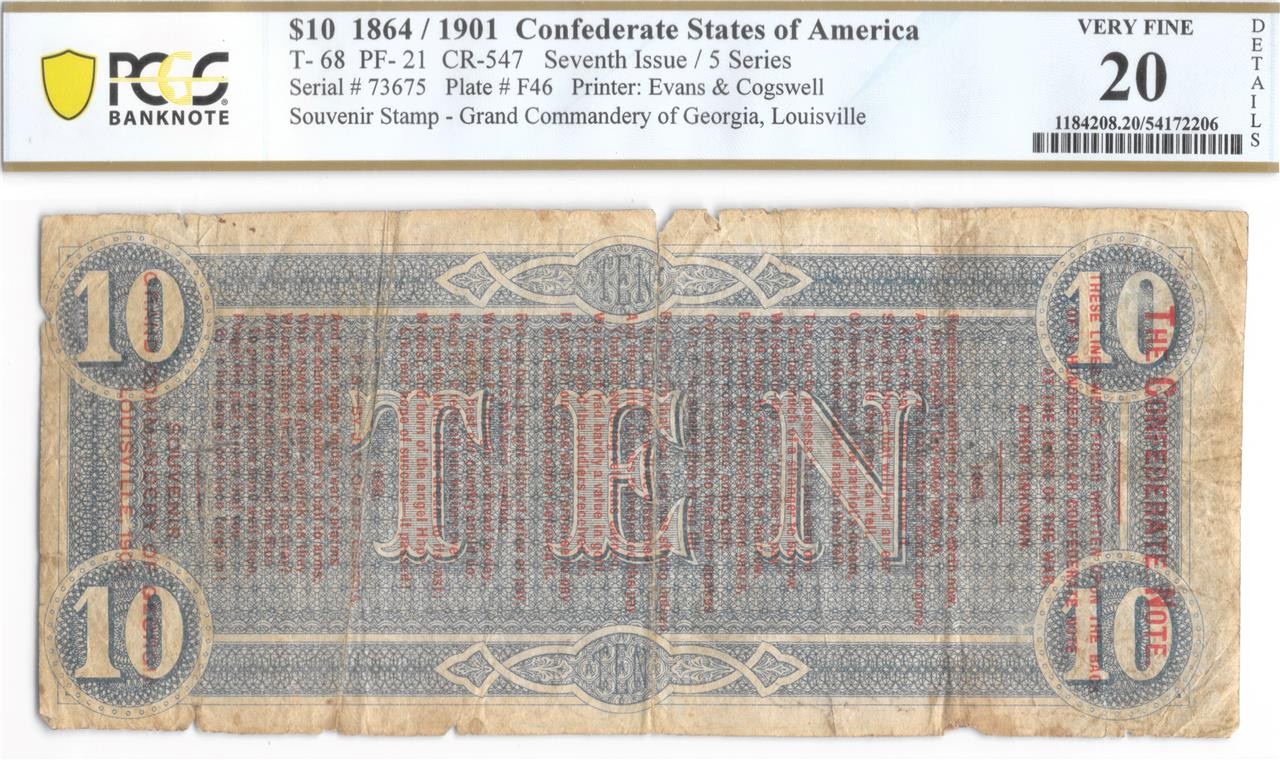 Confederate Note Poem On T-68 $10 1864 PCGS VF20 Det 1901 Reunion Commemorative