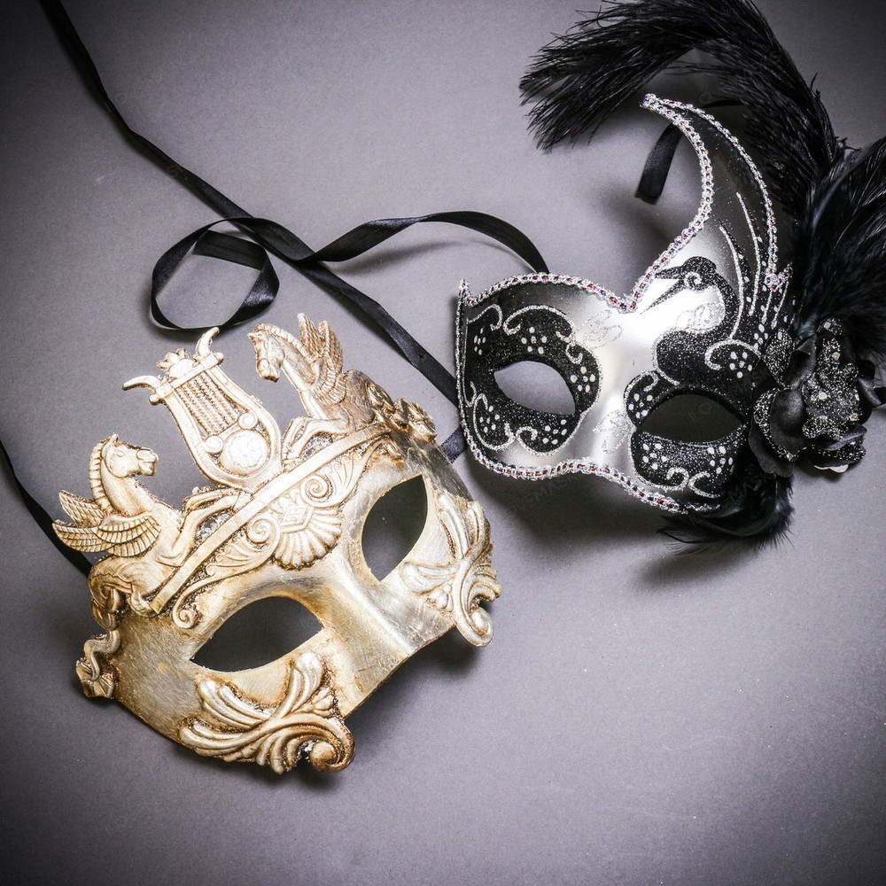 Silver Warrior Pegasus & Silver Black Side Feather Glitter Couple Masks Set