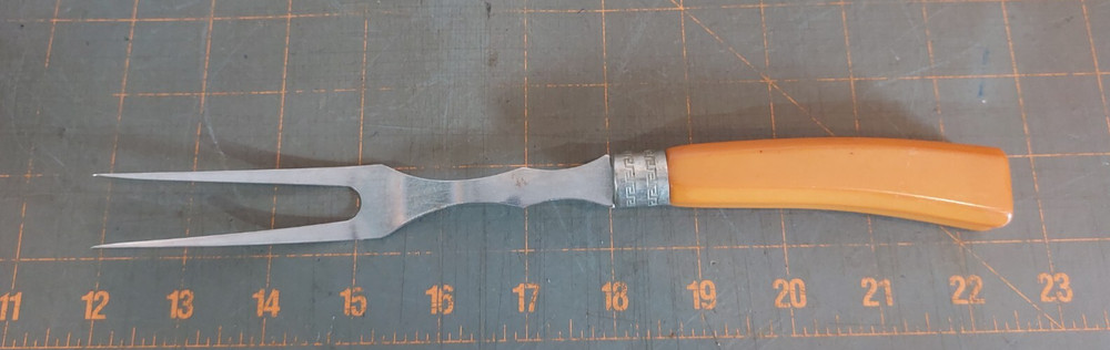 Vintage BAKELITE Dark Butterscotch Stainless Sharpening Large Carving Fork