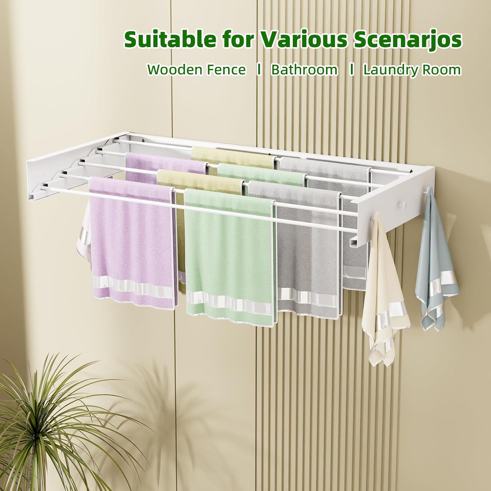 Collapsible Wall-Mounted Drying Rack with 5 Rods & 6 Hooks - Space-Saving Design