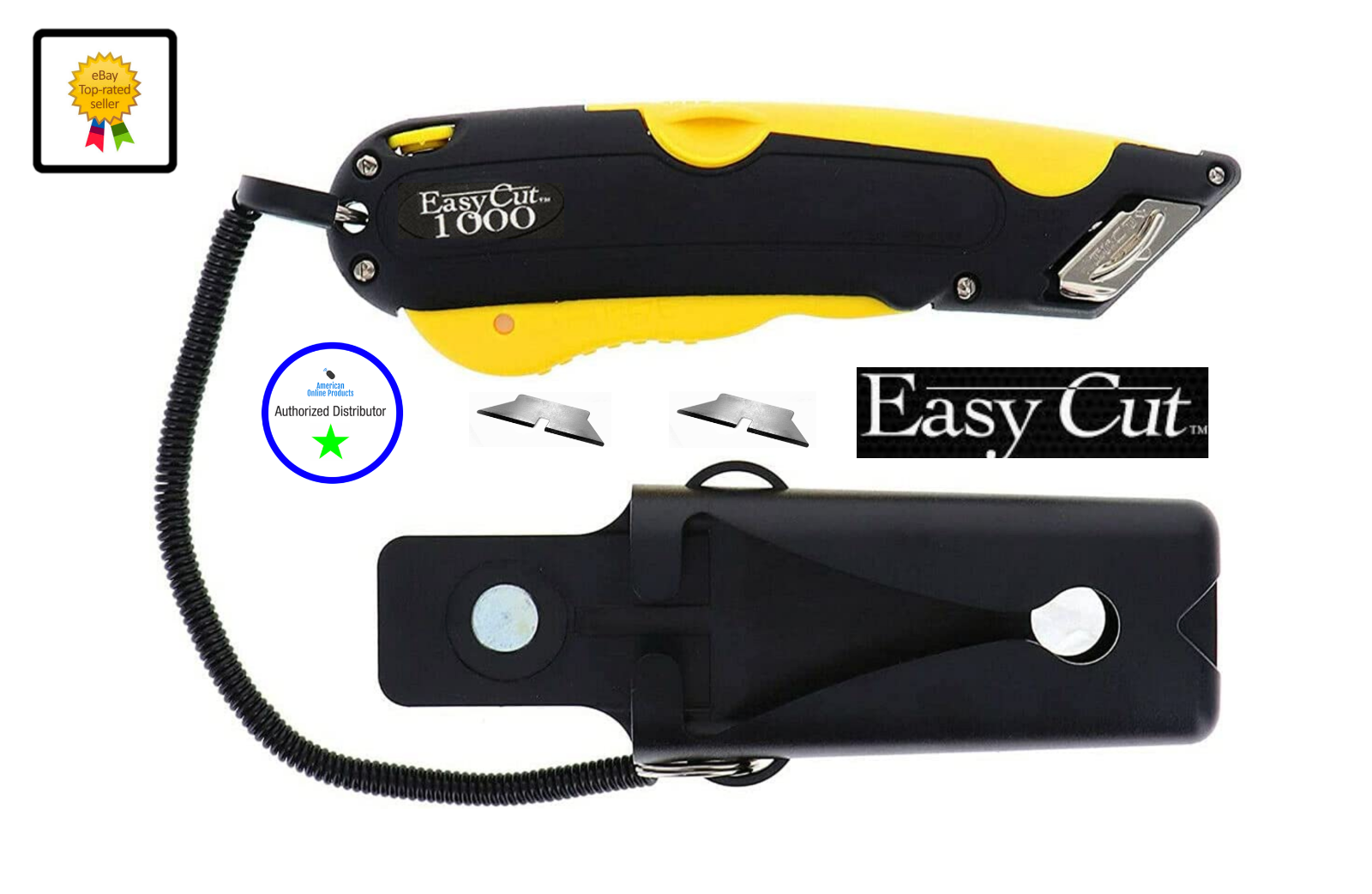 Easy Cut 1000 YELLOW Safety Box Cutter Knife 2 blades; Holster Lanyard Easycut