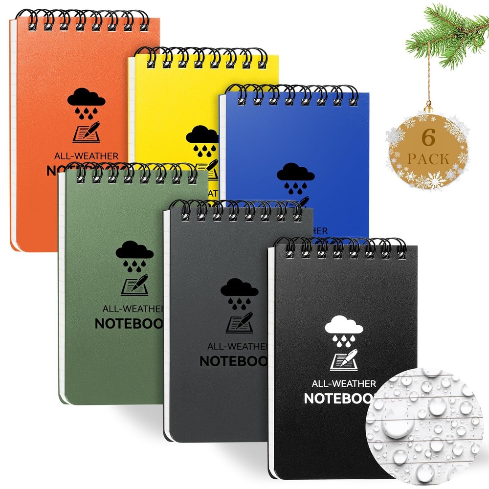 COIDEA 6 Pack Waterproof Notebook, 3 x 5 Pocket Notepad, Top-Spiral Rainbow