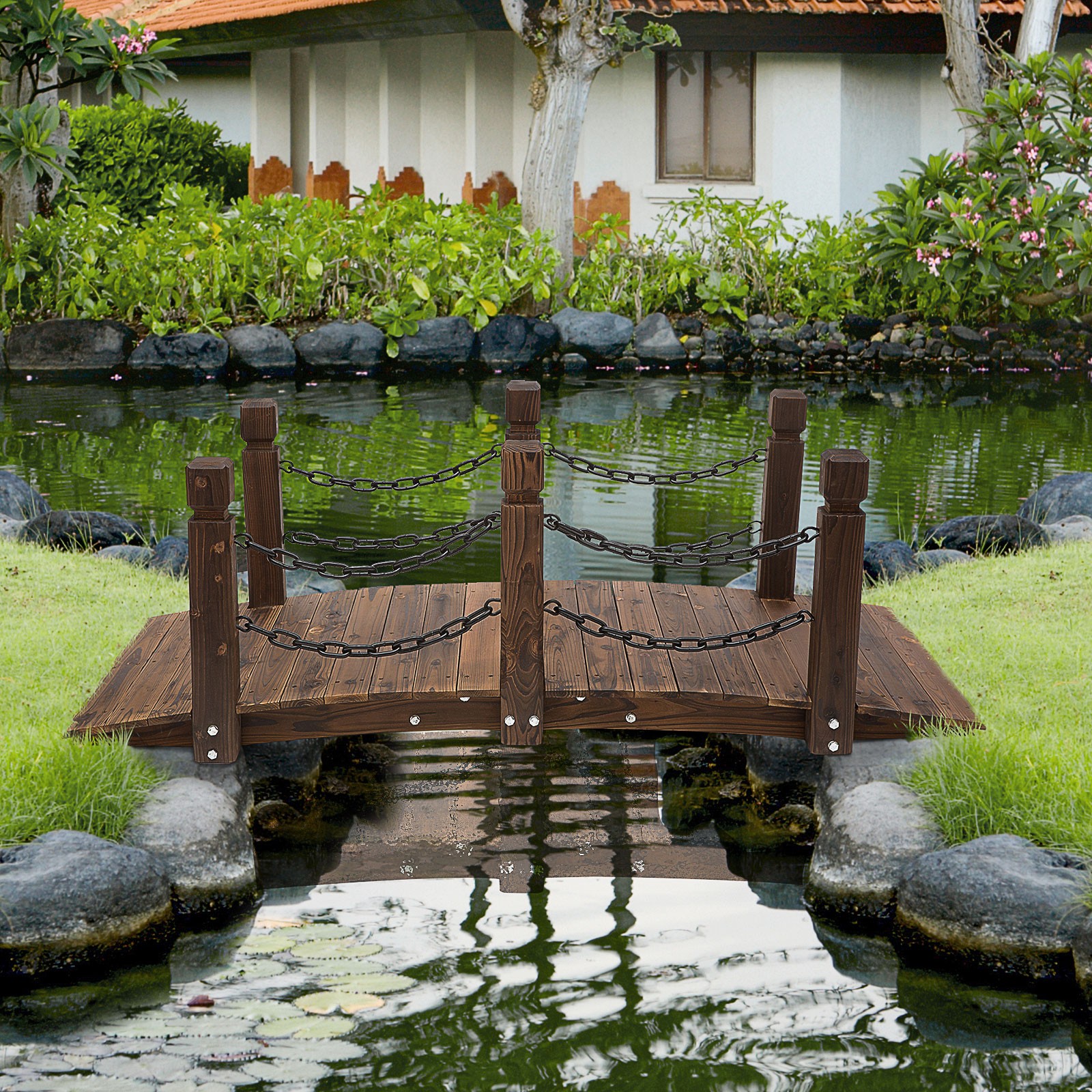 Wooden Garden Bridge Arc Stained Finish Walkway with Metal Chain Railings