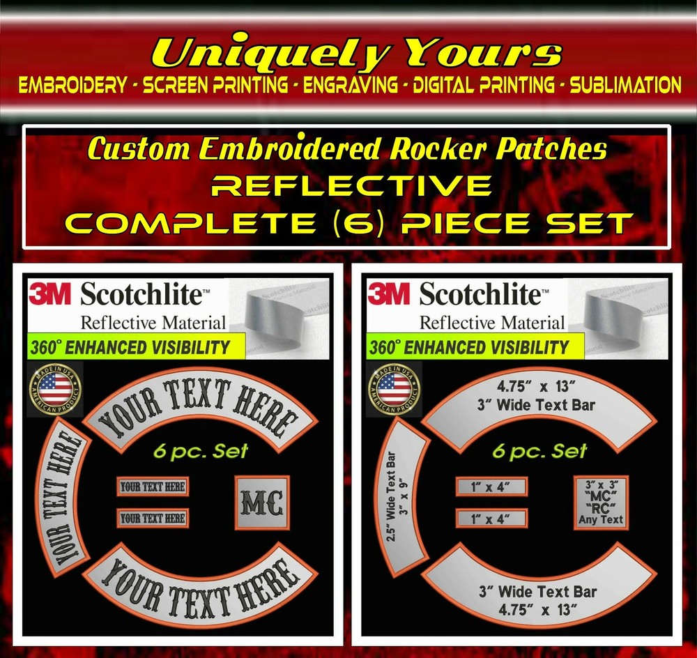 13" REFLECTIVE 6 PC SET CUSTOM EMBROIDERED ROCKER PATCH 3M® MOTORCYCLE MC BIKER