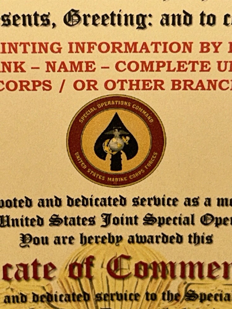 USMC / MARINE CORPS SPECIAL OPERATIONS COMMAND ~ CERTIFICATE OF COMMENDATION