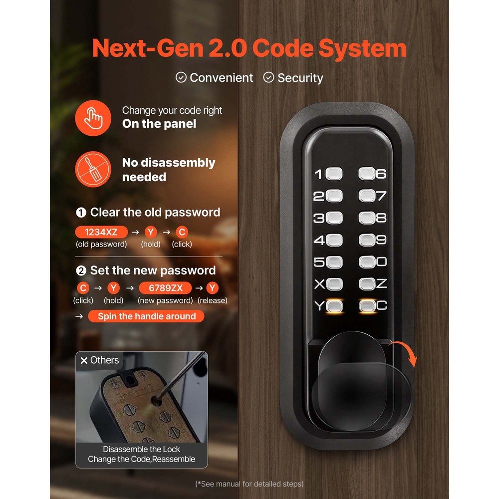 Uimoso Mechanical Keyless Door Lock with Keypad, 4-7 Digit Code, Black Finish