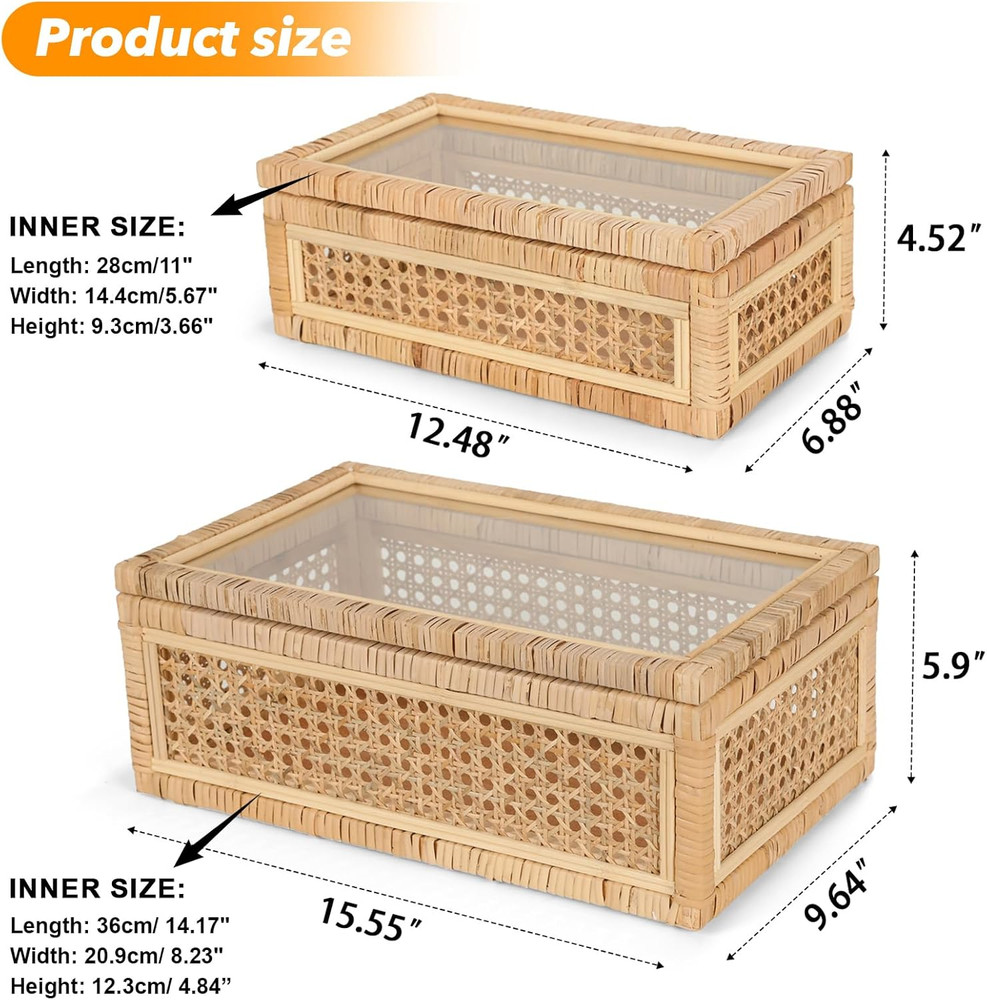 Large Handwoven Boho Rattan Display Boxes with Glass Lids - Set of 2 Rectangular