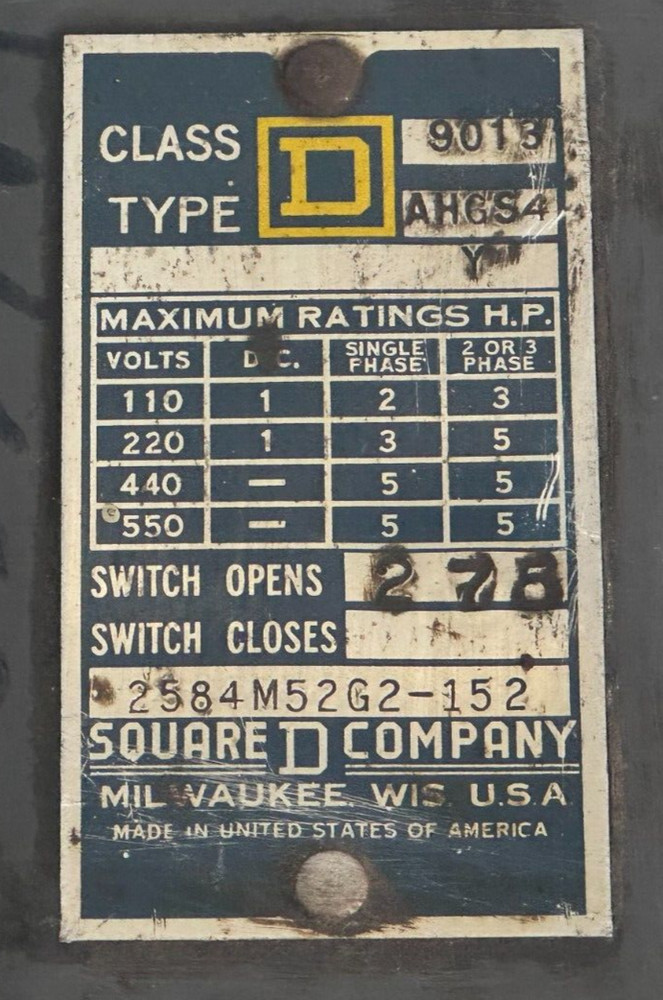 USED Square D 2584M52G2-152 Pressure Switch
