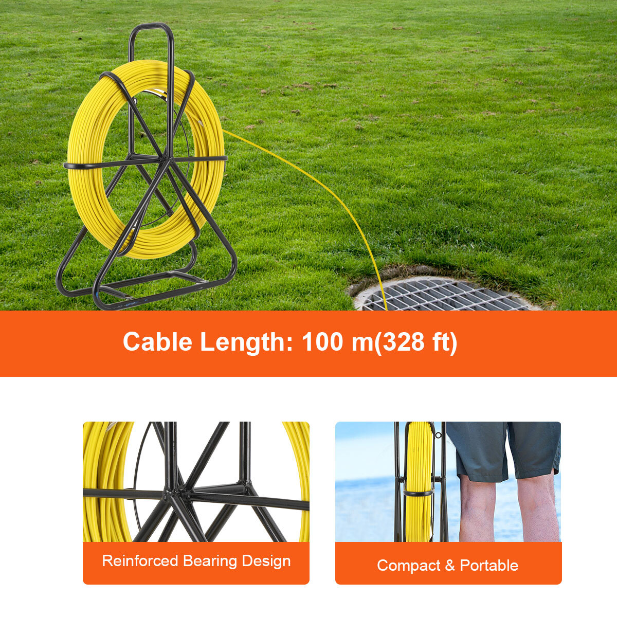 Fish Tape Puller Fiberglass 328ft 1/4 inch Wire Cable Running Duct Rodder US