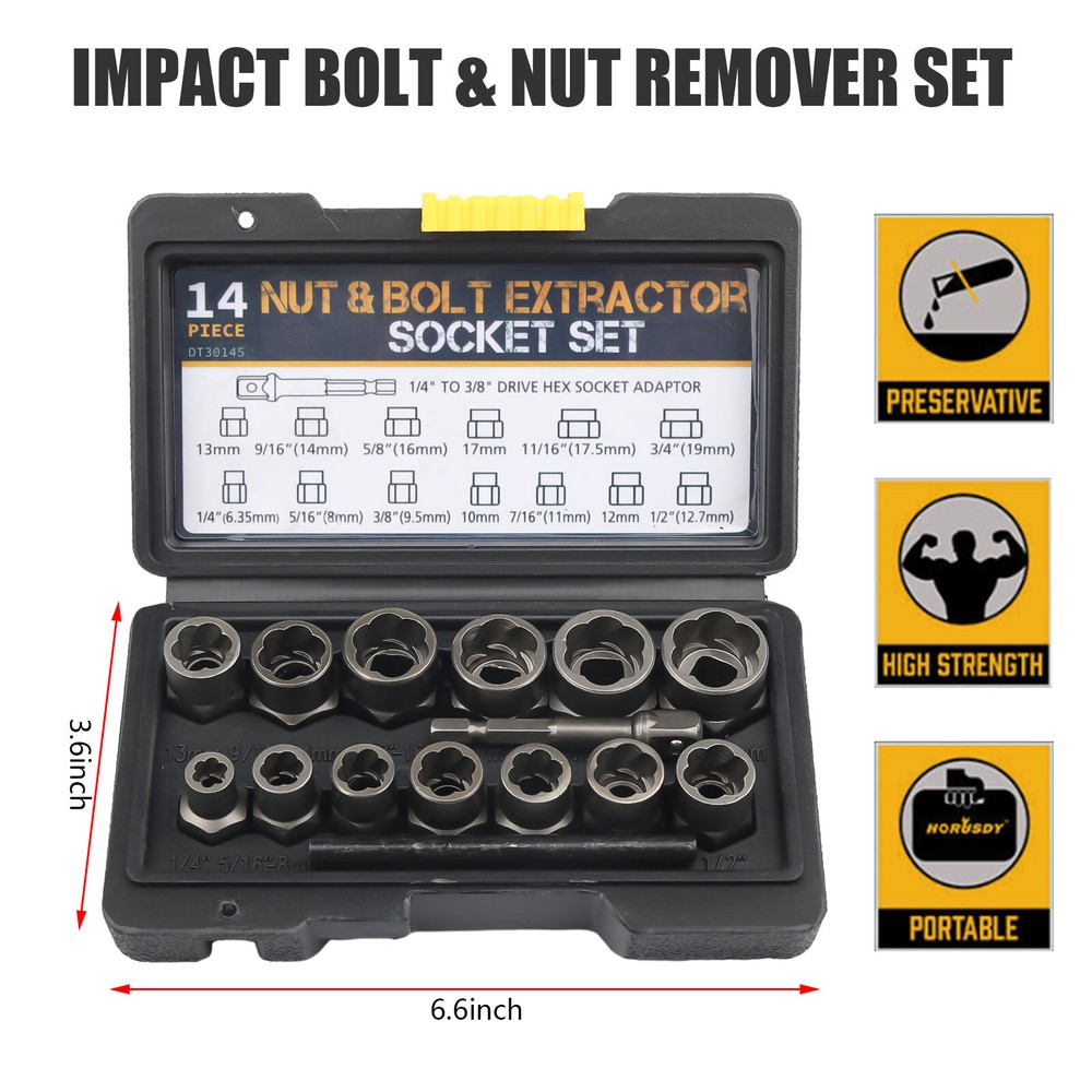 15PC Impact Bolt & Nut Remover Set Extractor Damaged Rusted Adapter Storage Case