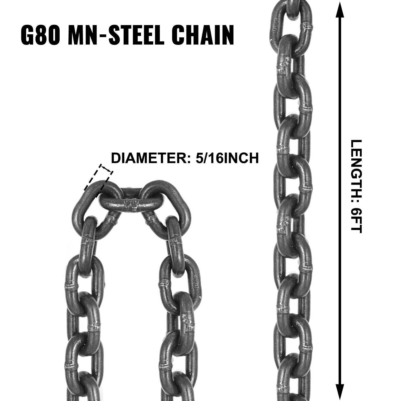 One 5/16" x 6' G80 Chain Lifting Sling 2 Legs 3T/6600lbs Capacity w/Grab Hooks