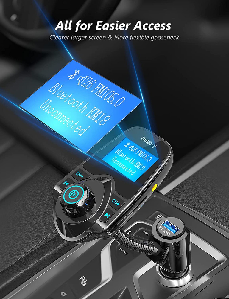Car Bluetooth FM Transmitter [2024 Upgraded], 1.44" Display Flexible Gooseneck,