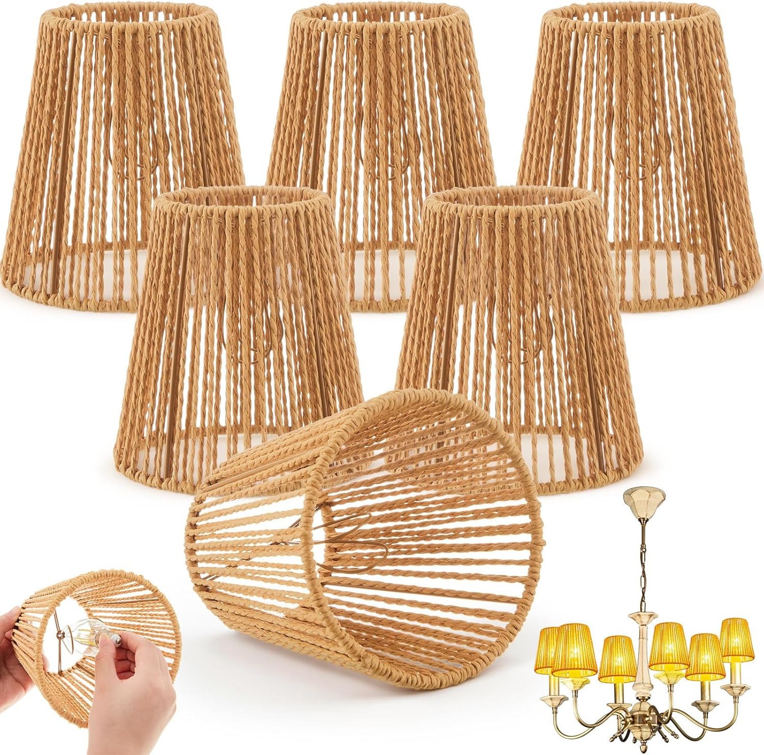 5.7 x 5.5in Chandelier Shades Set of 6, Small Rattan Lamp Shades Clip on Bulb