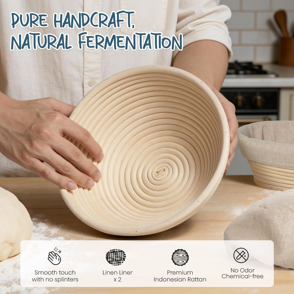 Complete Bread Proofing Set - Round and Oval Rattan Baskets with Essential Tools