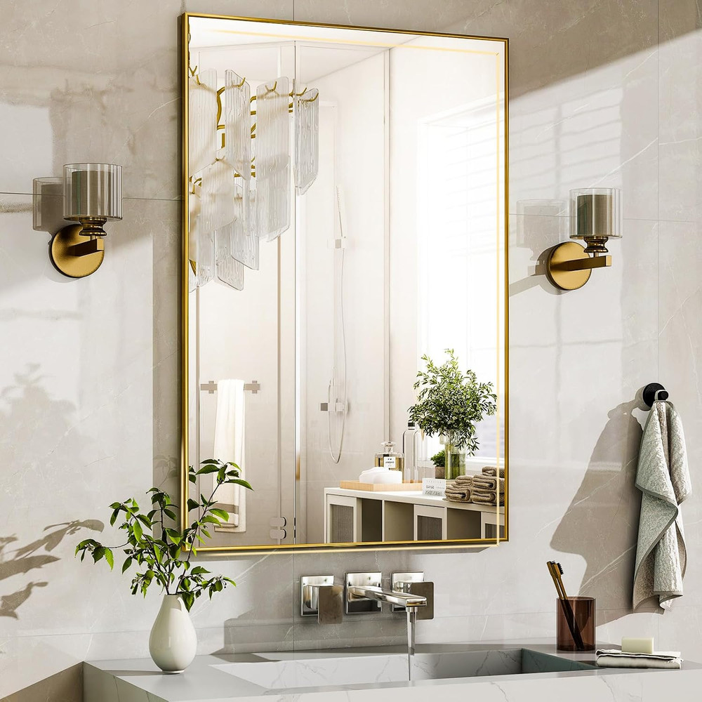 Gold Rectangular Bathroom Mirror 48"x30" Wall-Mounted Vanity Mirror