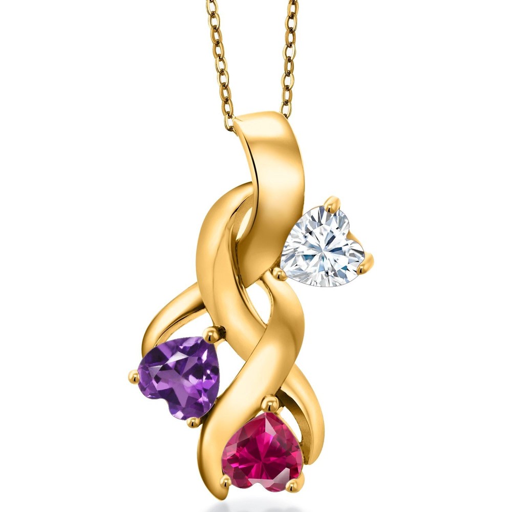 18K Yellow Gold Plated Silver White Moissanite and Amethyst and Created Ruby