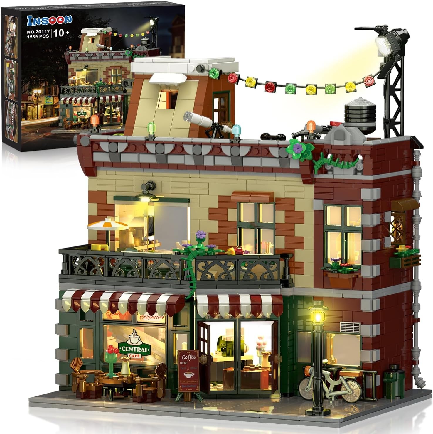 offee House Building Set with LED Light, 1589PCS City Cafe Shop Building Block