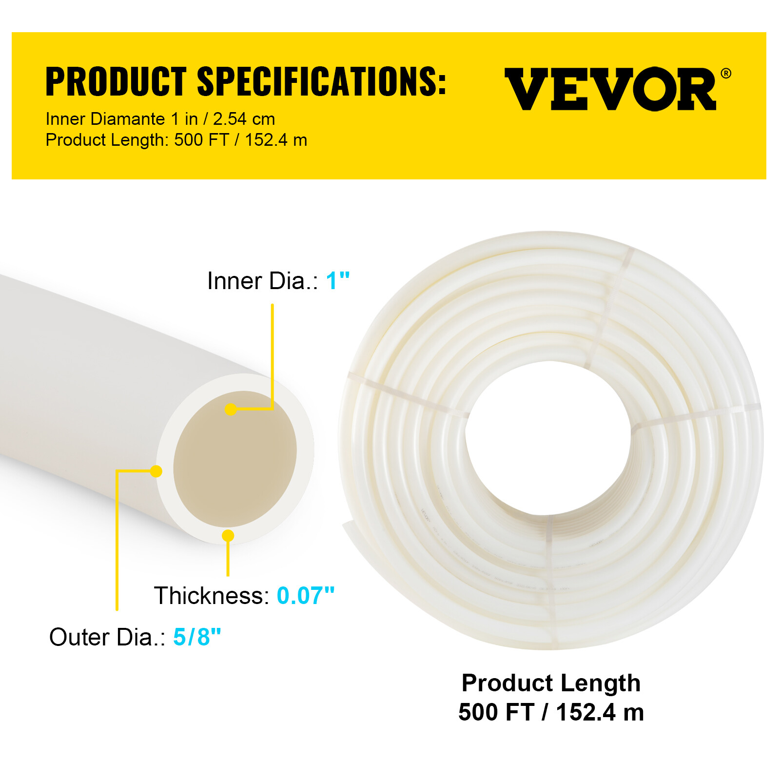 VEVOR 1" - 500' coil-White Certified PEX Tubing Htg/Plbg/Potable Water Heating