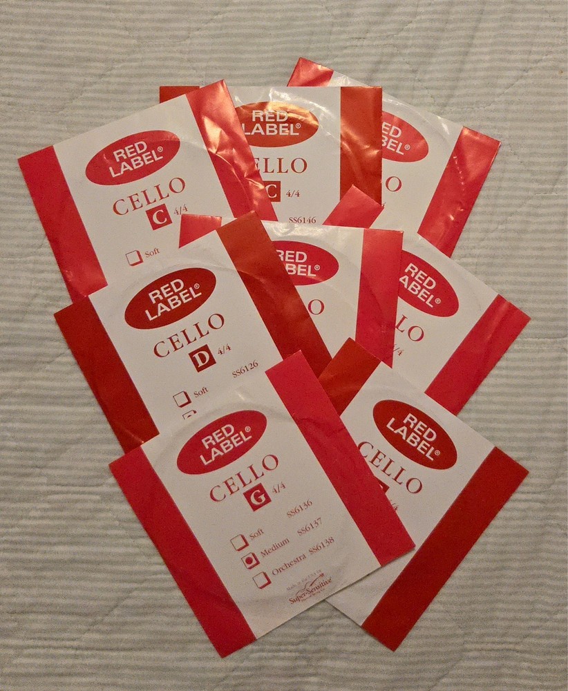Super-Sensitive Red Label Cello Strings: 3 C, 3 D and 2 G Strings. 4/4 size, med