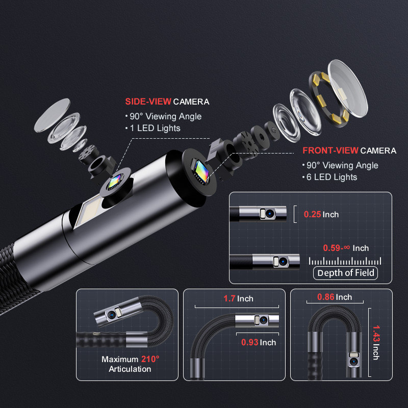 Ralcam Dual Lens Articulating Borescope 5" Endoscope Inspection Camera 5FT Semi