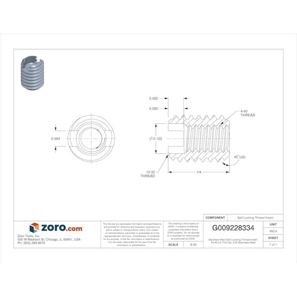 Standard Wall Self Locking Thread Insert, No. 4-40 Int Thrd Sz, 316 Stainless
