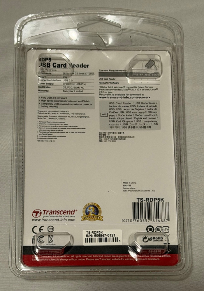 Transcend Portable SD / MICRO SD USB Card Reader RDP5 New Original Packaging