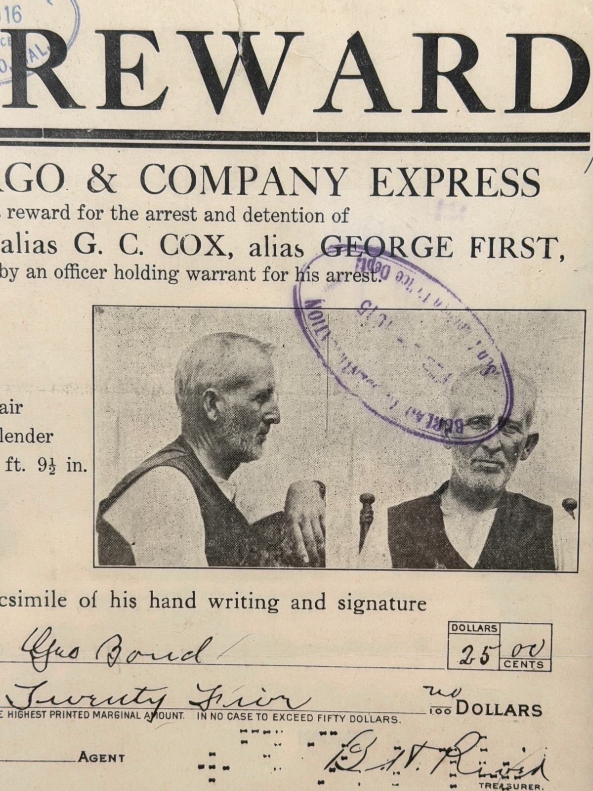 Antique Wells Fargo & Co Reward Wanted Poster Criminal Robber Western Outlaw #2