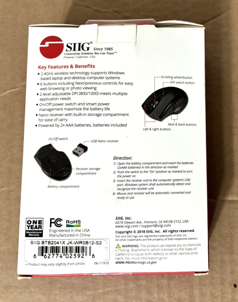 SIIG 6 Button Ergonomic Wireless Optical Mouse - New in Box