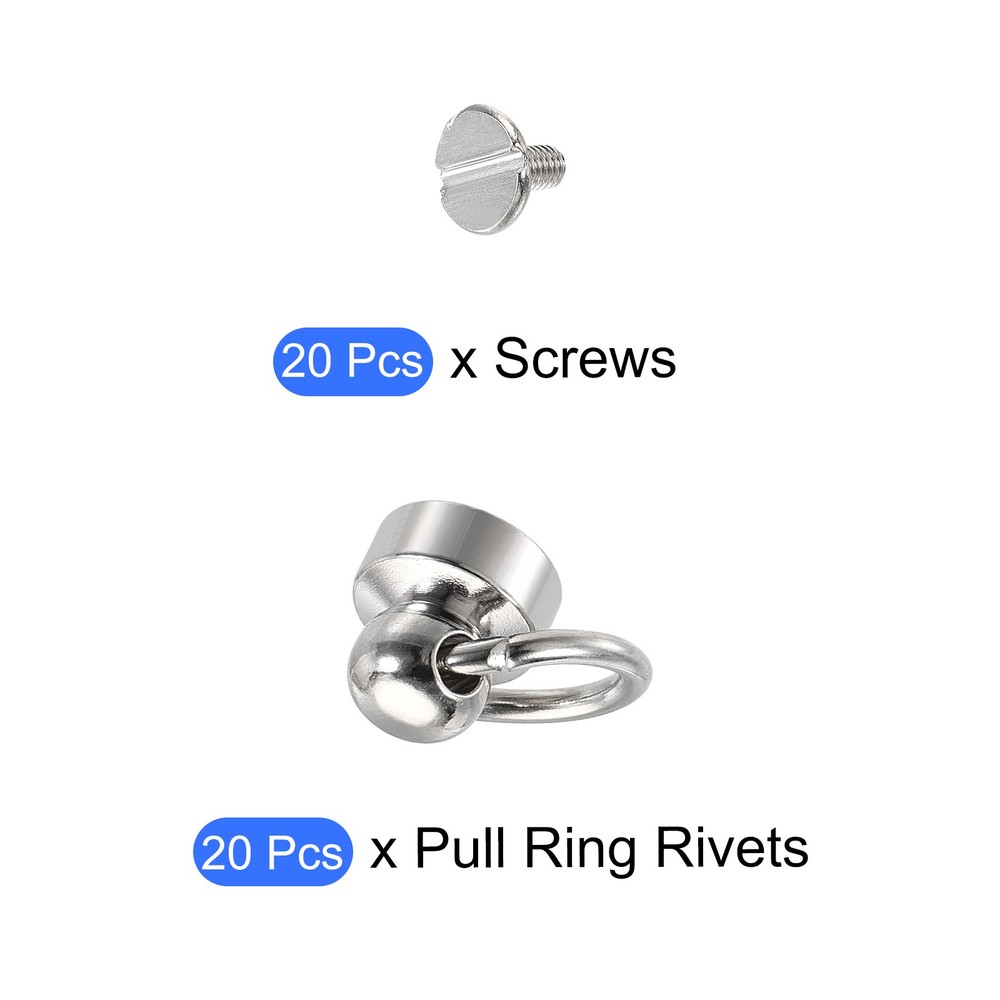 Round Head Pull Ring Rivet Studs 9mm 20Pcs Brass Button Rivets with Screw Silver