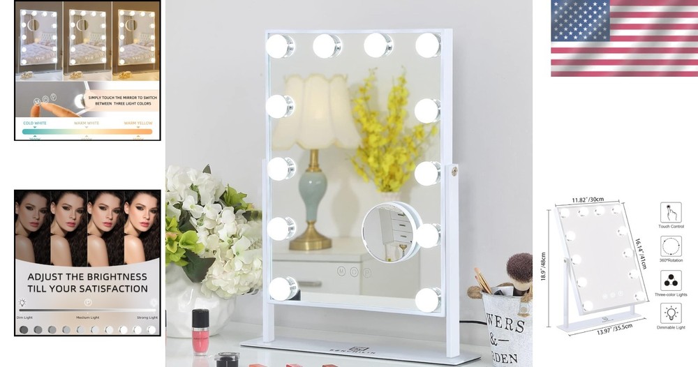 Dimmable Lighted Makeup Vanity Mirror - Detachable Magnification & Modern Design
