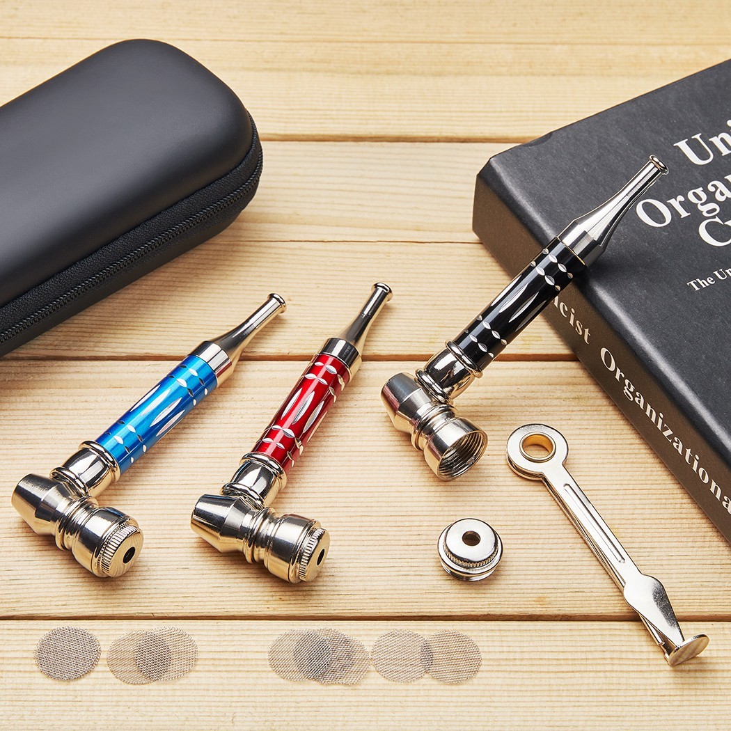 ( 3Pack ) 4.3" Long Metal Lay Flat Tobacco Smoking Hand Pipes with Caps Lids