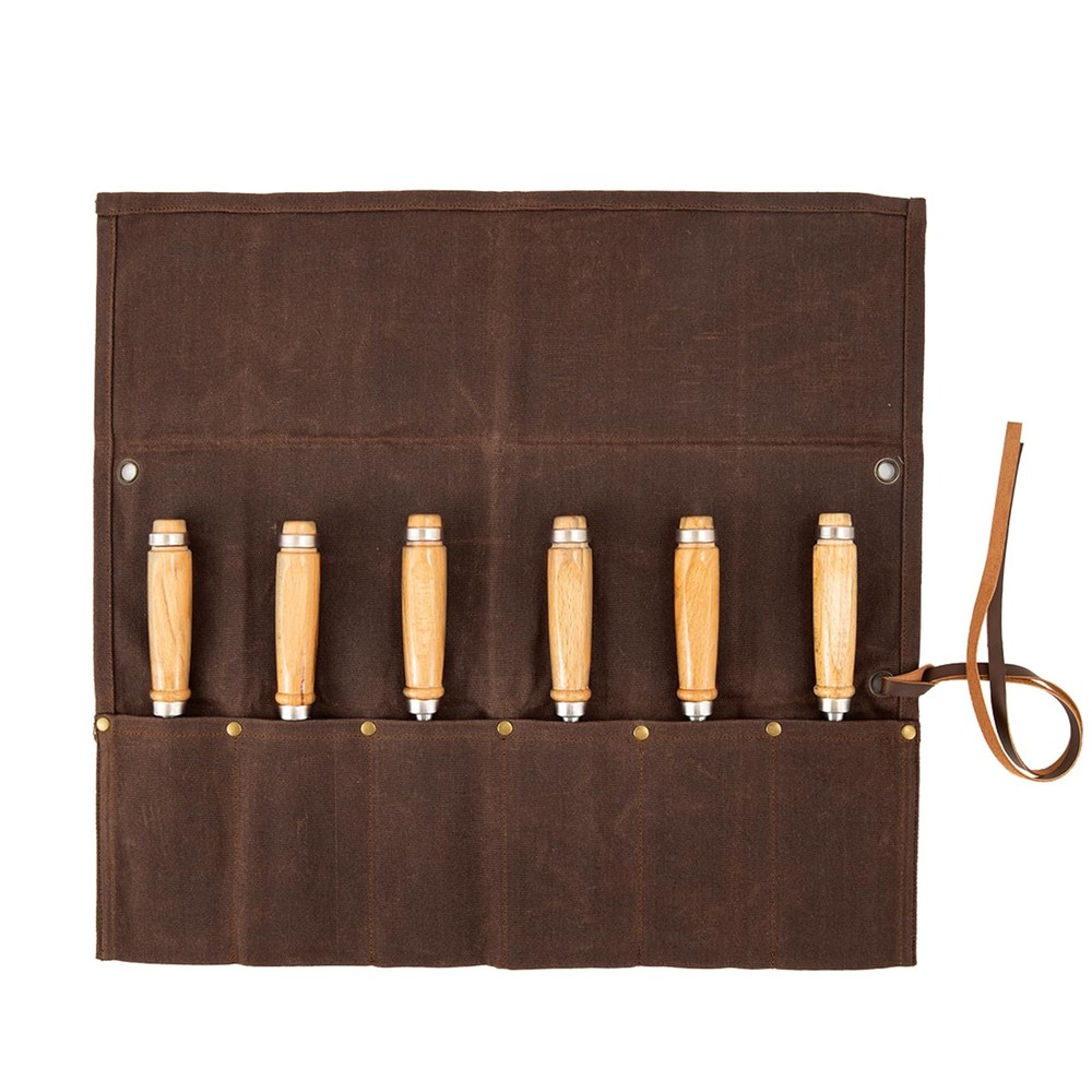 Chisel Roll,6 Pockets Roll Up Tool Pouch,Waxed Canvas Small brown